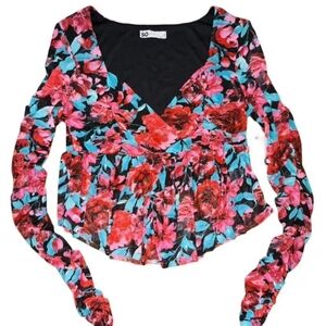 SO Floral V-Neck Blouse - Red, Pink, Blue